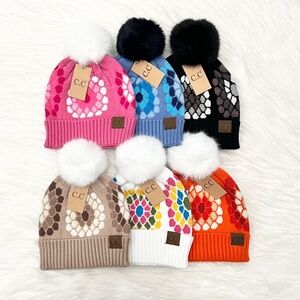 C.C Flower Crochet Print Pom Beanie For Adult, Premium Warm Beanies, Winter Hats